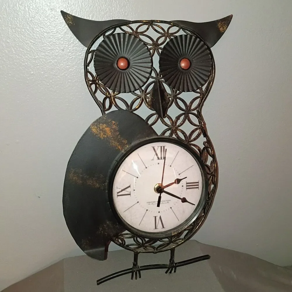 Owl Wall Clock Metal Black with Gold Accents Tested & Working Retro Boho Chic